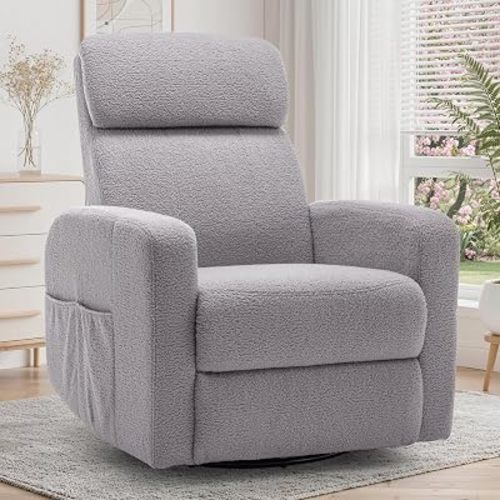 Korser Power Recliner Chair for Adults, Swivel Rocker Recliner with USB Ports, Nursery Rocking Chairs with Side Pockets, Electric Recliner Nursery Glider for Living Room, Sherpa Fabric, Grey