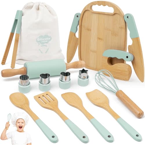 Wooden Kids Cooking Set Montessori Kit - Real Toddler Kitchen Tools & Baking Utensils - 30PCS Cooking Kit for Kids with Storage Bag, Great Gift for Pretend Play & Montessori Learning (Green)