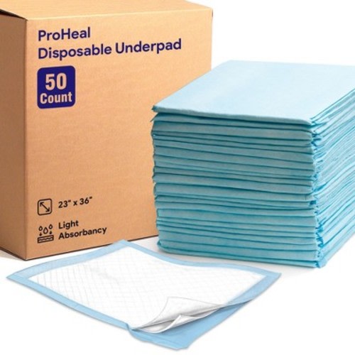 ProHeal Plus Light Fluff Underpad, Incontinence Bed Pad, Leak Proof Poly Backing, 23" x 36" - 50 Pack