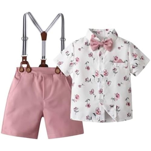 Baby Boys Shorts Sets, Infant Shirt+Shorts+Bow Tie+Suspenders,Toddler Gentleman Outfits Suits