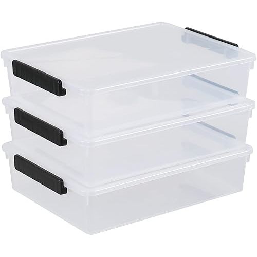 Saedy 3-Pack 5 Quart Plastic File Storage Bins With Lids, Clear Flat Stackable Storage Box