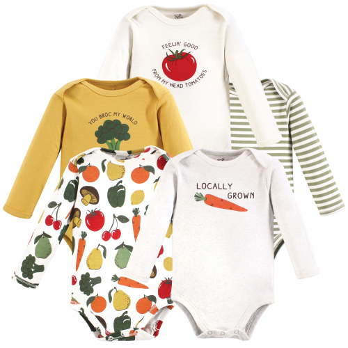 Touched by Nature Unisex Baby Organic Cotton Long-Sleeve Bodysuits, Happy Veggies, 3-6 Months