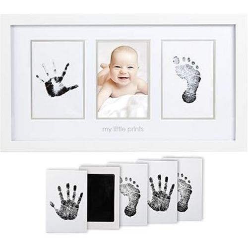 Pearhead Baby Hand and Footprint Kit - Inkless No Mess Clean-Touch Ink Pad, Newborn Keepsake Frame, Nursery Decor Essentials, Perfect Shower Gift for Boys and Girls, White
