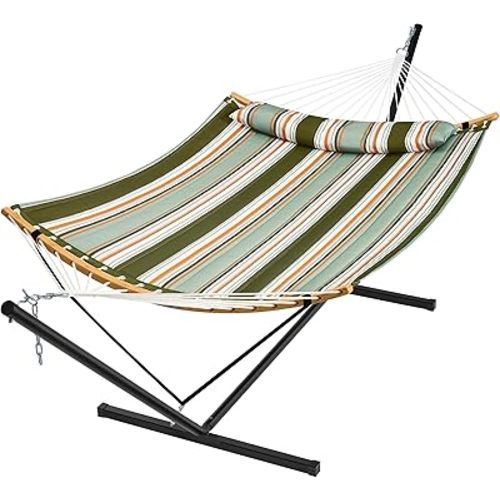 SUPERJARE Hammock with Stand, 2 Person Heavy Duty Hammock with Padded Cotton, Detachable Pillow & Strong Curved-Bar & Portable Carrying Bag, Perfect for Outdoor & Indoor, Retro Green