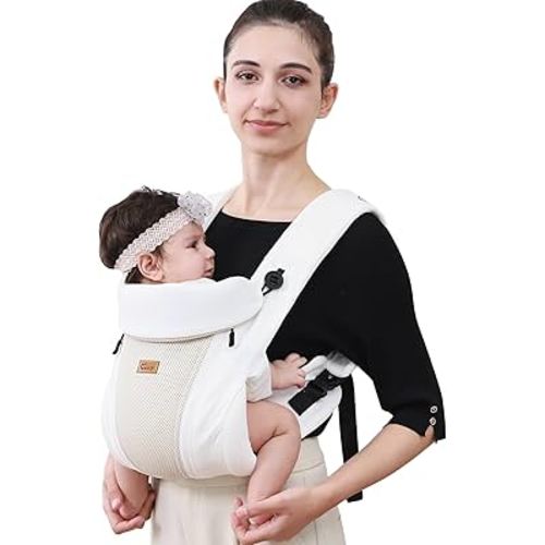 CUBY Newborn Baby Carrier with Head Support and Sunshield, Breathable & Adjustable Newborn Toddler Front Baby Carriers Sling, Hands-Free Newborn Carrier up to 40lbs(White, Classic-with Inner Crotch)