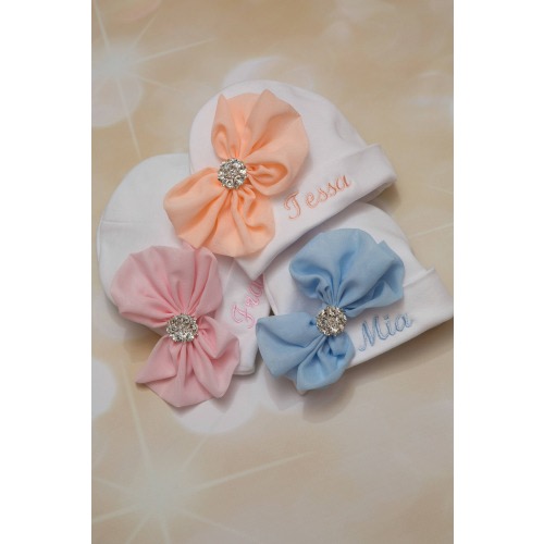 Personalized Baby Girl White Beanie Hat with Chiffon Bow and Rhinestone