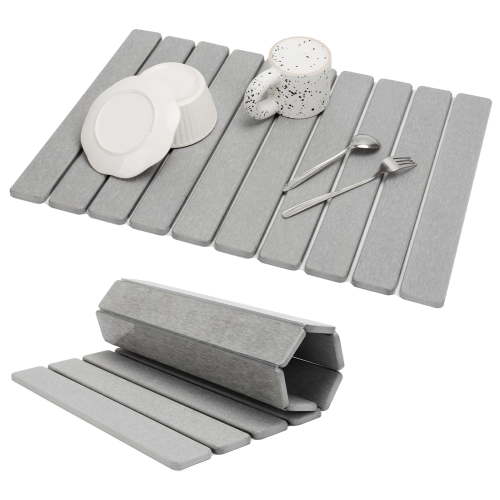 Hyindoor 23.19"×15.35" Large Foldable Stone Dish Drying Mat for Kitchen Counter, Eco-friendly Instant Drying Pad, Diatomaceous Earth Water Absorbing Mat (Light Gray)