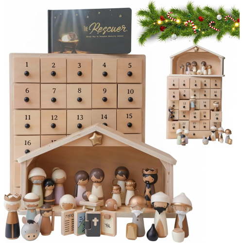 The Rescuer –Nativity Advent Calendar, 25 Drawer Wooden Advent Box with 30 Handpainted Figurine, 13 * 14 Inch Nativity Scene Advent Calendar, Christian Religious Stuffers Presents