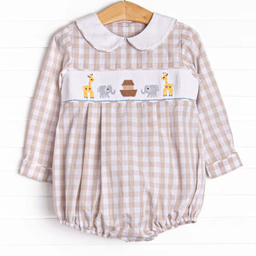 Noah's Ark Smocked Bubble, Tan – Stitchy Fish