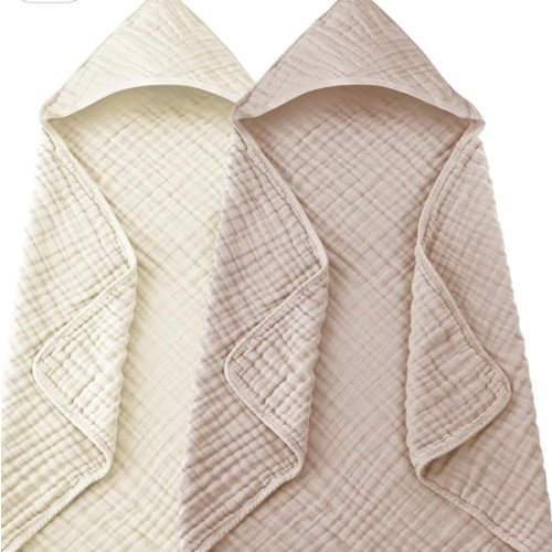 SWEET DOLPHIN Muslin Hooded Baby Bath Towels - 2 Pack 100% Cotton Towel for Babies, Infants, Toddlers - 32x32Inch - Highly Absorbent and Newborn Essential, Ivory and Brown