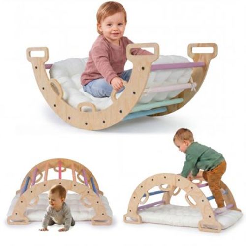 Costway Wooden Rocking Climbing Arch with Cushion, 3-in-1 Montessori Kids Climber Rocker Macaron