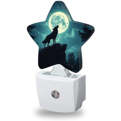 Howling Wolf Night Lights Plug Into Wall Decorative,Fantasy Moon Night Sleep Friendly Lamp, Energy Efficient Dusk-to-Dawn Sensor Nightlights for Kid Bedroom Nursery Bathroom