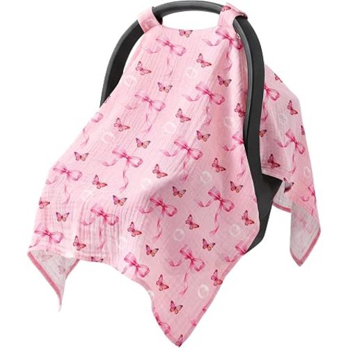 Baby Car Seat Cover - Car Seat Cover Baby Girls 100% Muslin Cotton Universal Breathable Canopies Soft Spring Summer Car Seat Cover Lightweight Infant Car Seat Canopy - Bows Butterflies