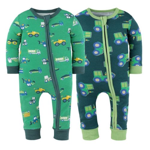 The Peanutshell Trucks & Tractors Cotton Footless Pajamas for Boys, 3-6 Months, 2 Pack