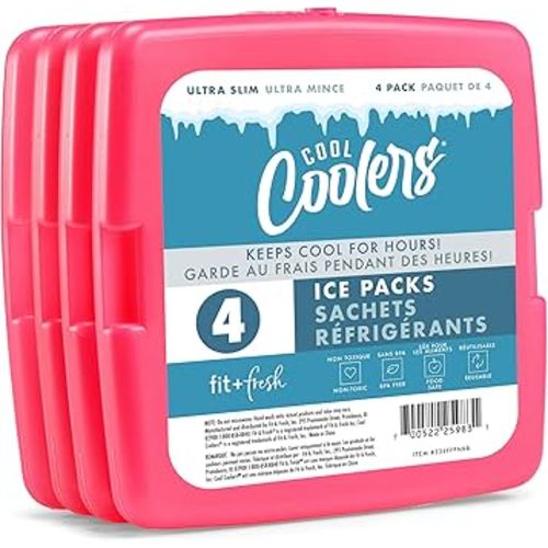 Cool Coolers by Fit & Fresh 4 Pack Slim Ice Packs, Quick Freeze Space Saving Reusable Ice Packs for Lunch Boxes or Coolers, Pink