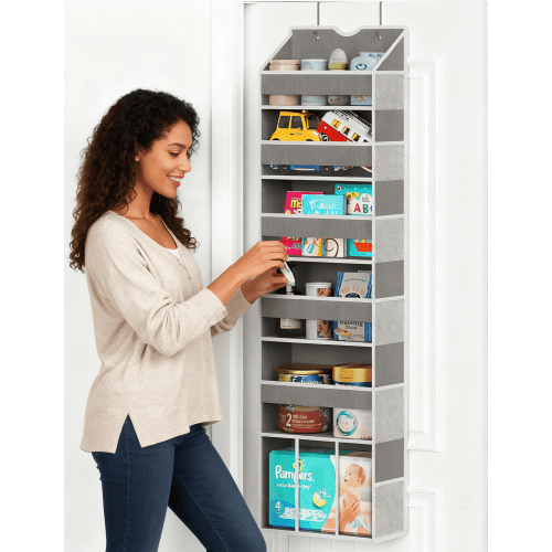 FOUKUS Over The Door Organizer Hanging: 6 Shelf Over Door Organizers with 6 Clear Front & 12 Side Pockets, Swing-proof 50LB Load Behind Door Storage for Closet Bedroom Bathroom Nursery