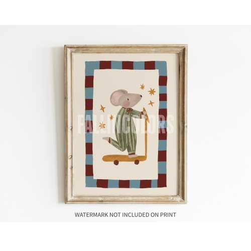 Mouse Scooter Poster, Retro Nursery Wall Art, New Baby Room, Minimalist Toddler Playroom, Whimsical Animal Print for Kids Room, UNFRAMED