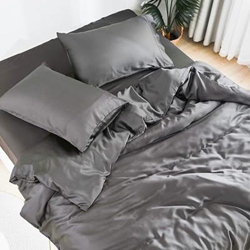 DOZ Sheet Set, 100% Viscose derived from Bamboo, Organically Grown, Buttery Soft, Cooling Sheets, High GSM, Deep Pockets - 4 Piece - 2 Pillowcases 1 Fitted 1 Top Sheet (Storm, Queen)