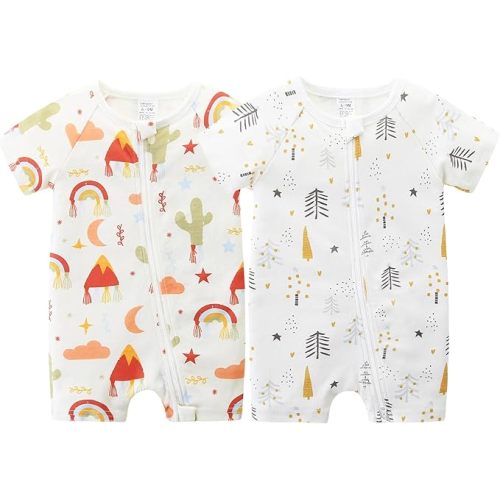 Unisex Summer Trendy 2-Pack Rompers Short Sleeve Zipped Bodysuit Infant Cotton Outfits