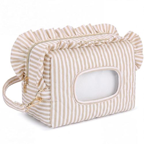 Aliceset Beige Stripe Ruffle Diaper and Wipe Pouch Baby Wipe Holder