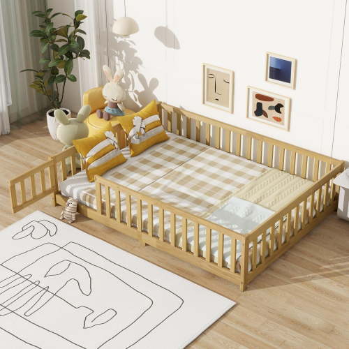 DreamBuck Floor Bed Full Size Montessori Bed Frame with Fence and Door, Wooden Full Size Floor Bed for Boys Girls, Slats Included, No Box Spring Needed, Easy Assembly