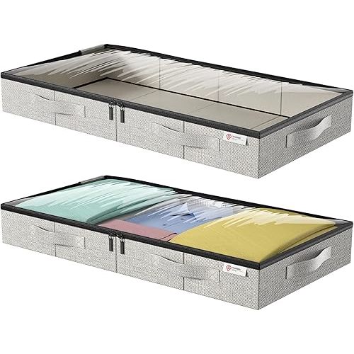 4.5 Inches Under Bed Storage Containers with Sturdy Sidewalls/Bottom and Reinforced Handles，Low Profile Underbed Storage for Clothes,Shoes,Pillows and Blankets with Zips and Clear Windows,2 Pack