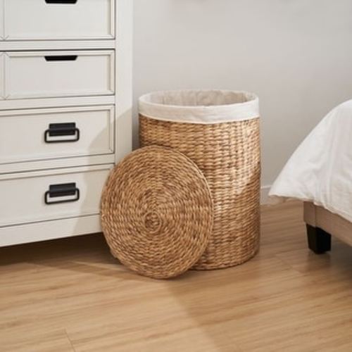 Ludmilla Round Tall Water Hyacinth Woven Wicker Laundry Hamper with Lid