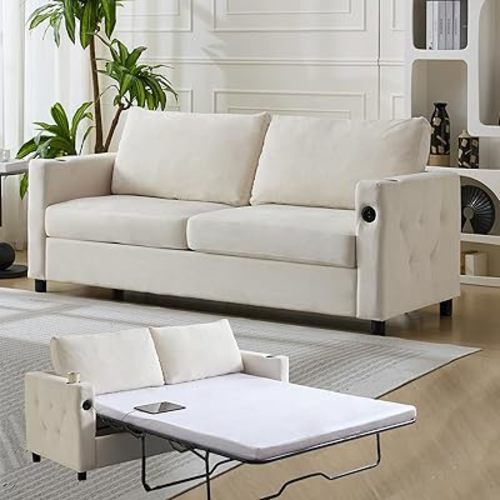 PUREMIND Queen Pull Out Sofa Bed, 2-in-1 Velvet Sleeper Sofa with USB & Cup Holders, 67" Sleeper Loveseat Couch Bed with Folding Mattress, Pull Out Couch for Living Room, Small Spaces, Beige