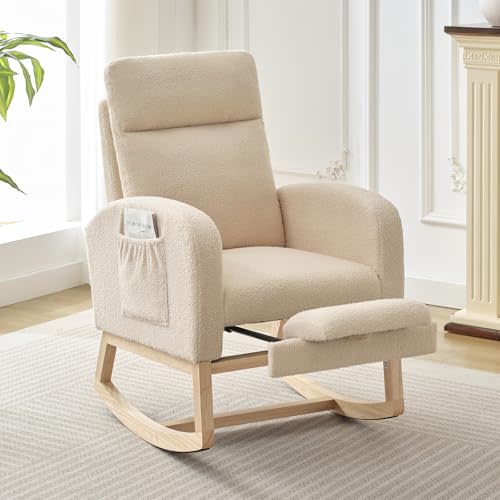 GarveeLife Nursery Rocking Chair,300lb Glider Chair with Solid Wood Legs/Two Side Pockets,Teddy Upholstered Glider Rocker with Footrest High Backrest for Living Room/Bedroom/Nursery