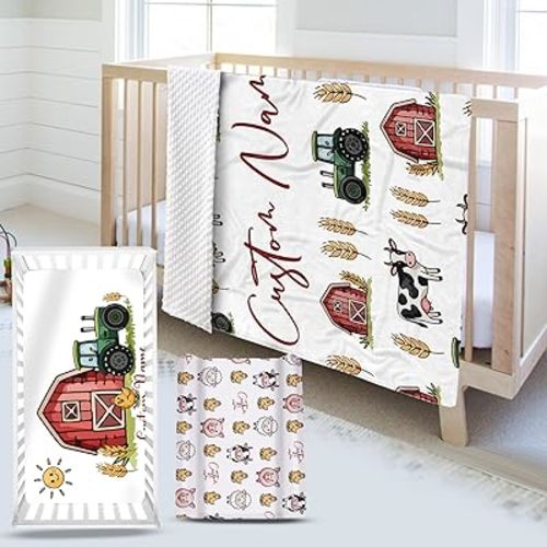 Personalized Crib Bedding Set for Baby Boys Girls, Custom Name Nursery Bedding 3-Piece Set - Baby Blanket, Fitted Sheet and Changing Pad Cover, Farm Theme Crib Set