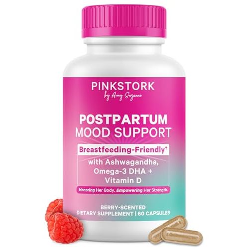 Pink Stork Postpartum Mood Support – Postnatal Supplement for Women – Breastfeeding Friendly – Ashwagandha, Saffron, DHA, Methylated B12 – Stress & Cognitive Support – 30-Day Supply, Berry