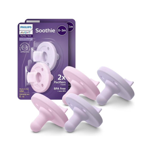 Philips Avent Soothie Baby Pacifiers - 100% Silicone Pacifiers for Babies 0-3 Months, One-Piece Design, BPA-Free, Extra Durable, Lilac and Pink, 4 Pack, Model SCF190/70
