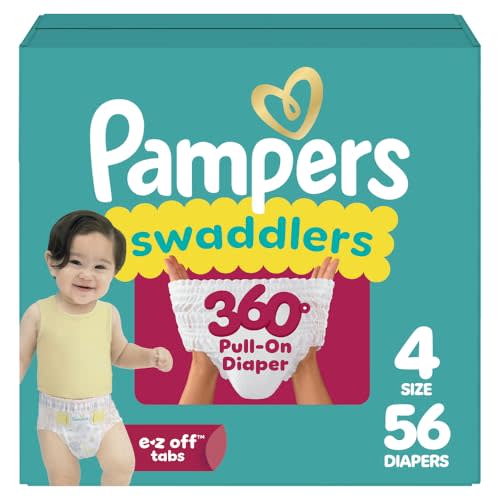 Pampers Diapers - Swaddlers 360° - Size 4, 56 Count, up to 100% Leakproof Comfy Dry Fit, Designed for Easy Changes, Pull On Baby Diaper (Packaging May Vary)