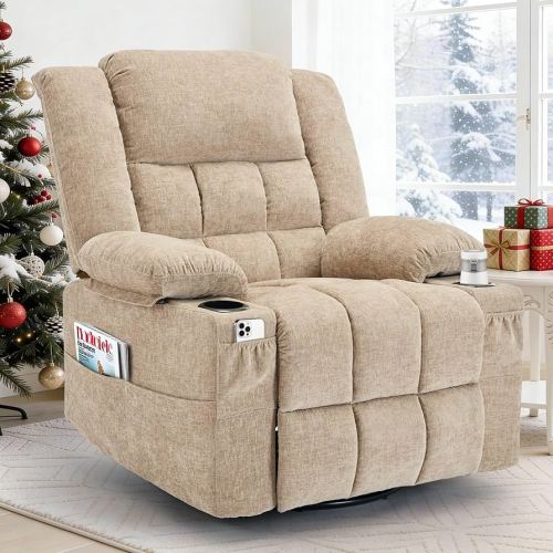360° Swivel Adult Rocking Recliner, Nursery Glider Chair with Massage and Heating Functions, Cup Holder, Manual Adjustment, Suitable for Living Room and Bedroom (Fabric, Khaki)