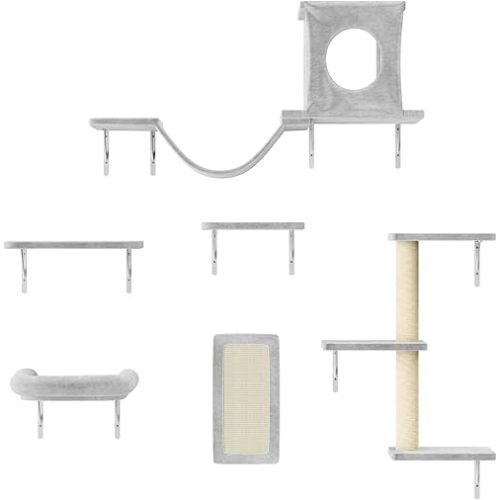 NUNU LAB Cat Wall Shelves, 6 Pcs Luxury Wall-Mounted Cat Climber Set, Indoor Cat Furniture with 1 Condos House, 2 Cat Wall Shelves, 1 Scratching, 1 Bridge Ladder, 1 Scratching Pad, Gray