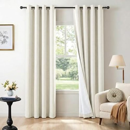 Linen Textured Total Blackout Curtains 72 Inches Long, Beige White