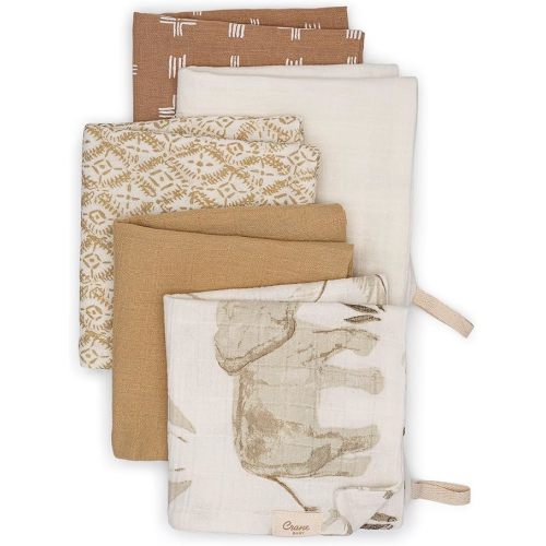 Crane Baby Wash Cloth Set, 100% Cotton Safari Animal Theme, Set of 5 Washcloths for Newborn, Muslin, Baby Registry Gift