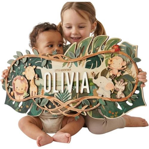 Custom Safari Nursery Name Sign - 28x13" Personalized Wooden Baby Name Sign with Jungle Animals - 3D 2-Layer Birch Wood Wall Decor for Boy & Girl Room, Unique Gift for Baby Shower (Jungle Safari)