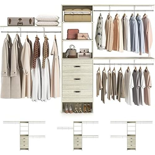 Armocity 120 Inches Closet System, 10FT Walk In Closet Organizer with 3 Shelving Towers, Heavy Duty Clothes Rack with 3 Drawers, Built-In Garment Rack, 120" L x 16" W x 75" H, Load 1300 LBS, White Oak