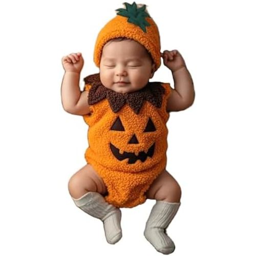 Newborn Baby Boy Girl Halloween Costume Pumpkin Ghost Face Embroidery Romper Hat Infant Halloween Pumpkin Clothes