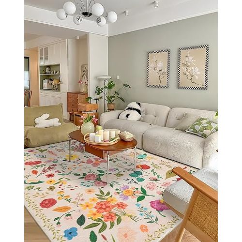 Boho Washable Area Rug 6x9 for Living Room, Bedroom, Office, Playroom, Kitchen or Dining Room, Soft Floral Carpet for Indoor Use, Easy Care Non-Slip Design (Beige)
