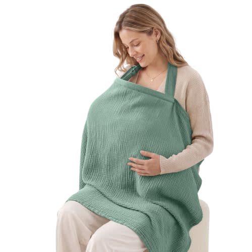 Blissful Diary Muslin Nursing Cover for Breastfeeding, Breathable Breastfeeding Cover up with Arch Neckline for Women, Nursing Apron (Roman Green)