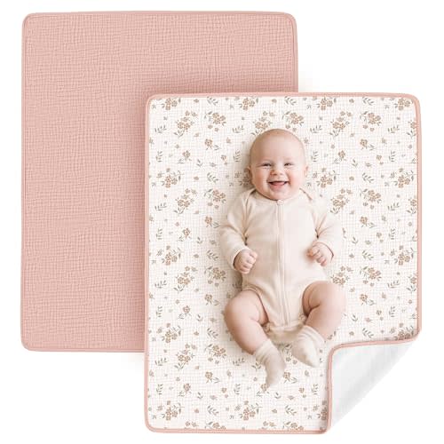 Konssy Muslin Cotton Diaper Changing Pad 2 Pack 29.5"x 23.6", Waterproof Portable Baby Changing Mat with Terry Backing, Soft & Foldable Travel Pad, Shower Gift for Newborn Girls Boys