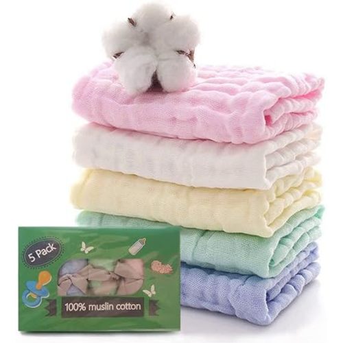 Muslin Baby Burp Cloths, 100% Muslin Cotton Burp Napkins for Newborn Girls and Boys, Absorbent Soft Muslin Baby Burping Rags 10' by 20', 6 Layers Infant Feeding Wipes (Multicolored, Pack of 5).