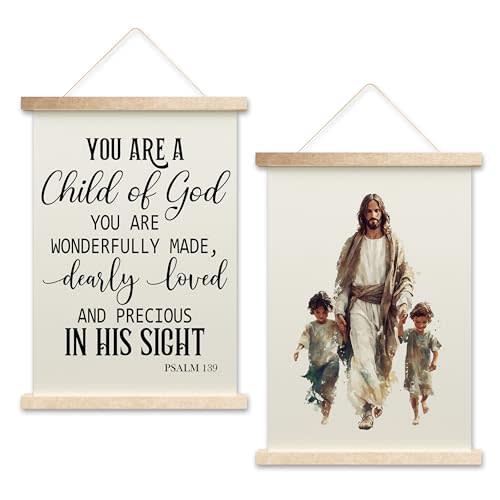HEZNZXQ Bible Verse Hanging Flag, You Are A Child Of God Canvas Jesus Wall Art For Girls Boys Room Church School Classroom, Christian Nursery Poster Hanger, Set Of 2 God And Children Posters, 17