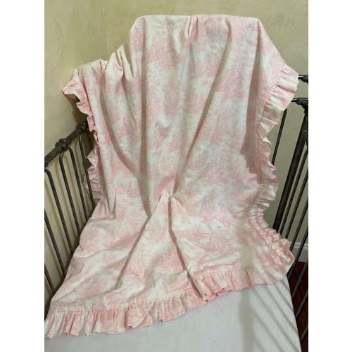 Pink Toile Baby Blanket, Baby Girl Blanket with Ruffle, Pink Toile, White Minky