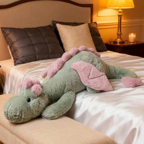 ARELUX Large 50in Cute Dragon Stuffed Animals Plush Toy Soft Matcha Green Pterosaur Plushie Giant Fuzzy Dinosaur Pillow Plushies with Pink Wings Cuddly for Friends Family Member