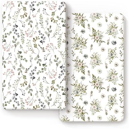 GRSSDER Stretchy Ultra Soft Jersey Knit Fitted Crib Sheets Set 2 Pack, Cozy Crib Sheet Fits All Standard Crib Mattress Pads, Stylish Watercolor Rose and Flora