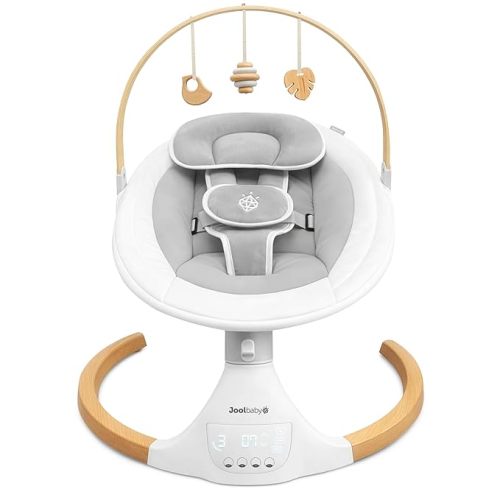 Jool Baby Nova Nature Baby Swing for Newborns with Natural Wood Toys, Electric Motorized Infant Swing, Bluetooth Music, Remote (Gray)