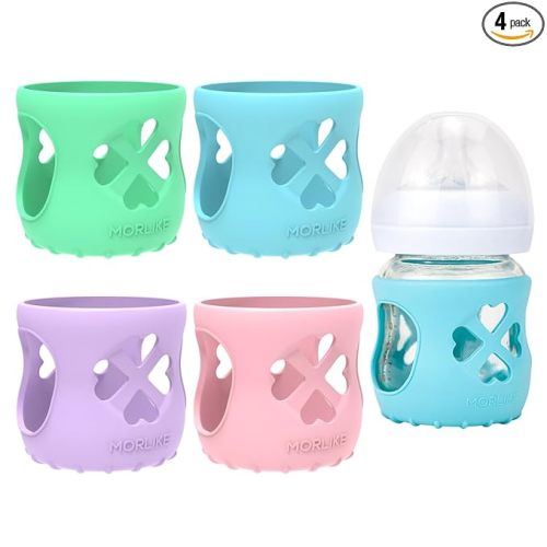 Morlike Silicone Baby Bottle Holder Sleeves Fit for Philips Avent Natural Glass Baby Bottles 4oz, 100% Silicone Baby Bottle Covers for SCY910, Protecting Glass Bottles, Dishwasher Safe (4 Pack)